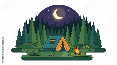Peaceful forest camping adventure under a star-lit night sky, featuring a cozy tent and warm campfire amidst towering pine trees, perfect for outdoor enthusiasts and nature lovers
