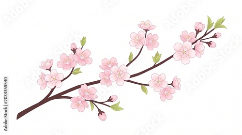Delicate pink cherry blossom branch with budding flowers and leaves, symbolizing spring and renewal