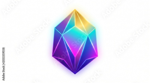 A vibrant, multifaceted crystal gemstone glows with an ethereal rainbow of light, emanating from within its geometric facets