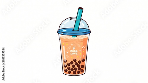 Vibrant Peach Bubble Tea Illustration with Tapioca Pearls and a Straw