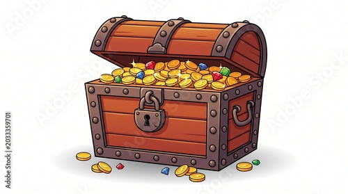 An open wooden treasure chest brimming with sparkling gold coins and colorful gems, symbolizing wealth, prosperity, and the excitement of discovery and financial gain