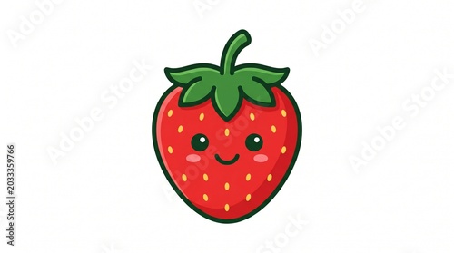 Cute Strawberry Icon with a Happy Face and Green Leaves, Perfect for Food and Drink Branding