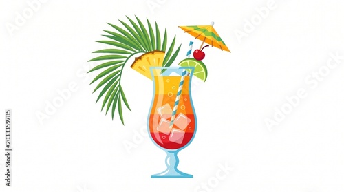 Vibrant tropical cocktail garnished with a palm leaf, pineapple wedge, cherry, and umbrella, perfect for summer celebrations and beach parties