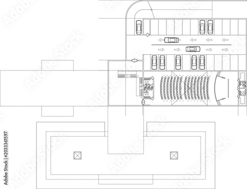 Cuadro en lienzo Technical site plan drawing depicting an architectural layout with a parking are
