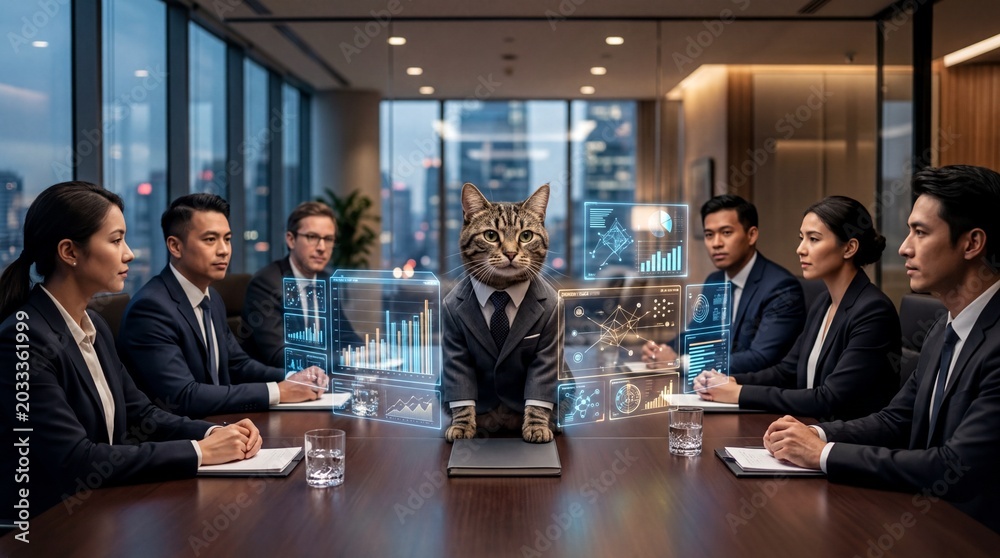 Fototapeta premium corporate imagination, a cat confidently presides over a board meeting with holographic charts