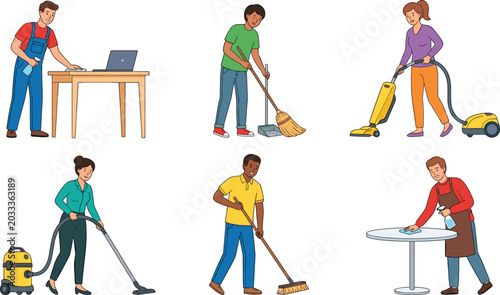 Set of diverse people characters cleaning and tidying various indoor spaces using professional household equipment and tools
