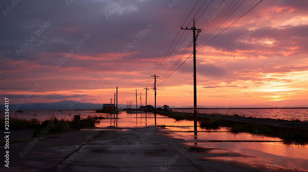 Obraz premium Dramatic Sunset Glow Over Waterlogged Rural Road with Silhouetted Utility Poles and Distant Mountains Reflecting on the Calm Water Surface