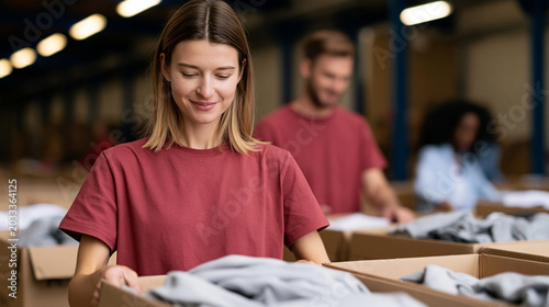 Volunteers sorting donated clothes in a community charity donation center, teamwork and social responsibility concept, with copy space
