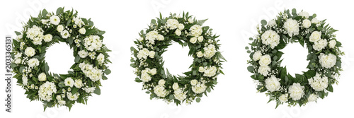 Fotografie Set and collection of beautiful fresh white rose flowers blossom funeral wreath