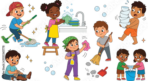 Foto Cute Kids Doing Household Chores Vector Illustration Set Featuring Mopping Floor