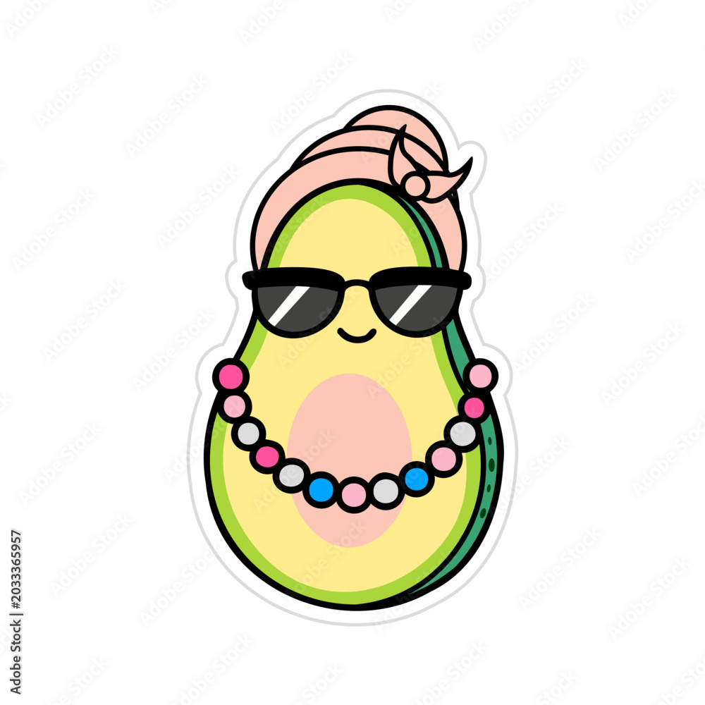 Obraz premium Cute avocado sticker with a headband wearing sunglasses and beads. Vector Illustration for printing, backgrounds. Image can be used for cards, posters and textile. Isolated on white background.