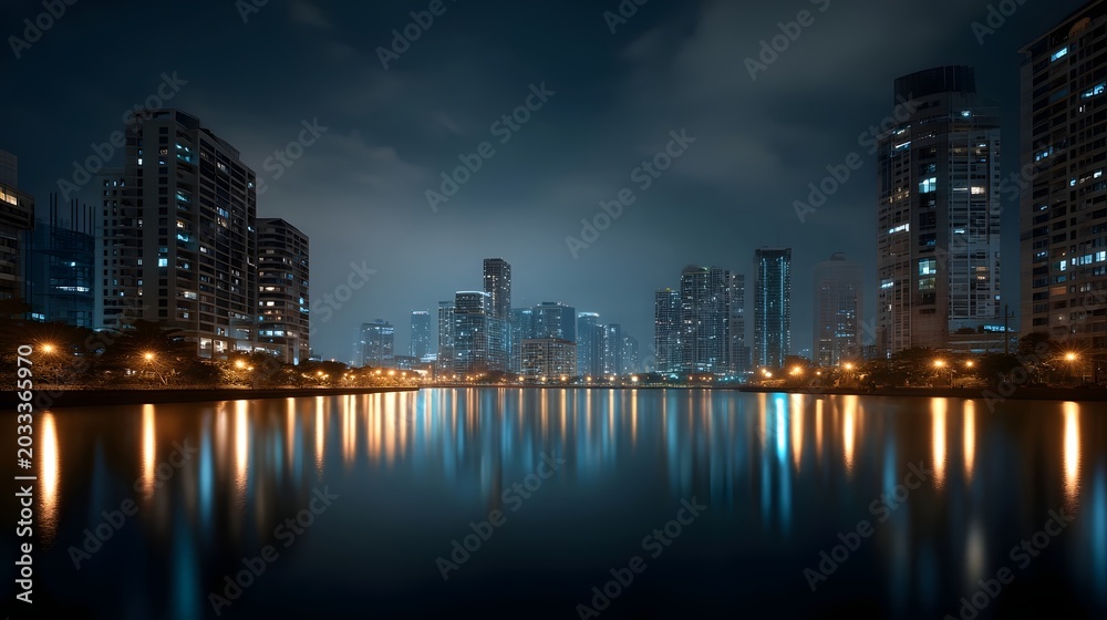 Obraz premium Dramatic reflection of city lights shimmering on water at night
