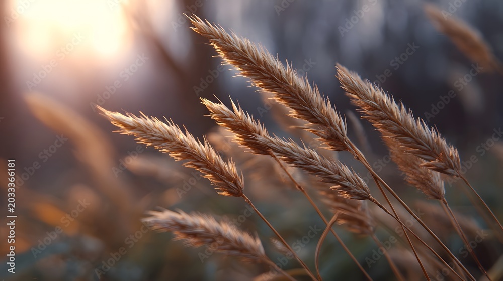 Obraz premium Golden sunlight streams through dry grass stalks creating a warm and serene rural landscape
