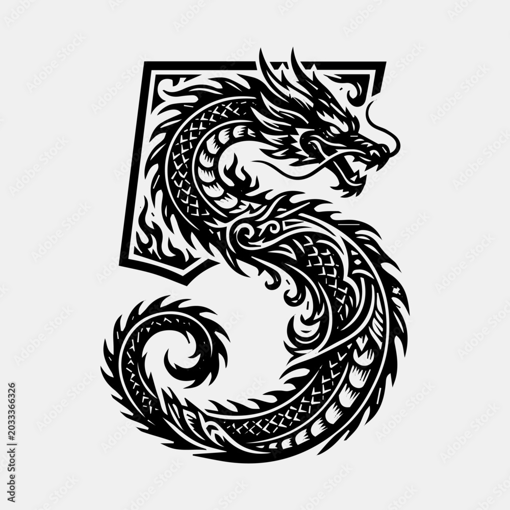 Fototapeta premium Majestic Dragon Mascot Logo Integrated with Number 5 Black and White Vector Illustration