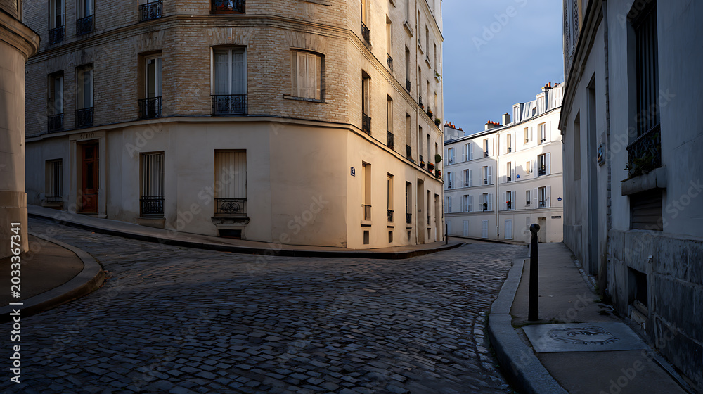 Obraz premium Cobblestone Street Corner in European City with Old Architecture at Dawn or Dusk, Textured Road, Quiet Urban Landscape