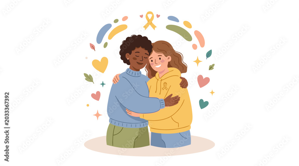 Naklejka premium Diverse friends hugging with support ribbon and hearts symbolizing unity and care