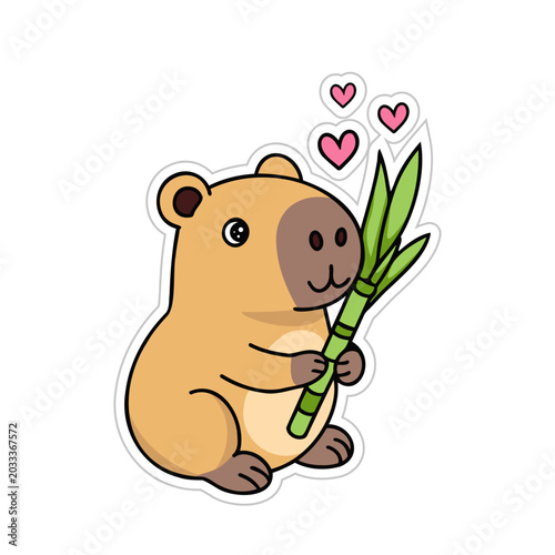 Capybara with bamboo. Vector Illustration for printing, backgrounds, covers and packaging. Image can be used for greeting cards, posters, stickers and textile. Isolated on white background.
