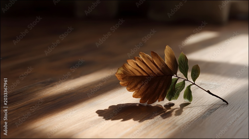 Obraz premium A single dry brown leaf rests on a dark wooden surface highlighting natural textures and shadows