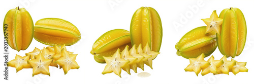 Foto Set and collection of exotic fresh yellow starfruit whole and sliced pieces juic