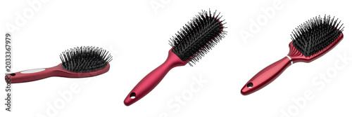 Fotografie Set and collection of modern ergonomic pink plastic hairbrush with black bristle