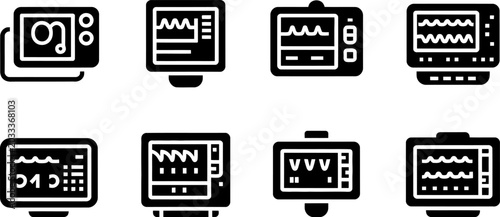 Medical monitor icons set featuring various hospital equipment digital screens for vital signs display healthcare diagnostic dashboard displays for patient monitoring systems.