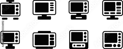 Healthcare equipment monitor icons pack displaying various desktop diagnostic screens for clinical analysis professional hospital medical wellness assessment tools.