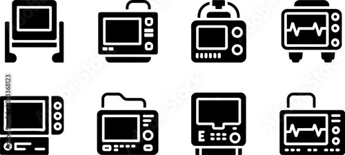 Patient monitoring screen icons array representing hospital diagnostic machines and clinical health technology systems professional medical assessment device visuals.