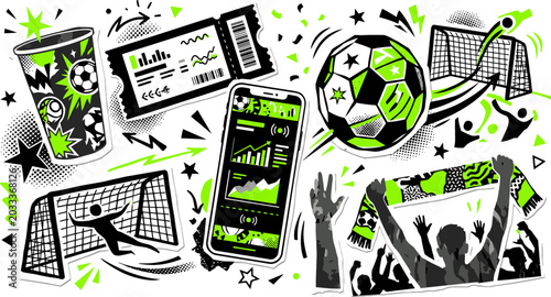 Foto Soccer football fan culture doodle set, neon green and black sports icons, stadi