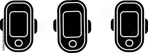 Portable medical device icons set representing hand held heartbeat monitors or oximeter tools for mobile health assessment and clinical patient vital data reading.