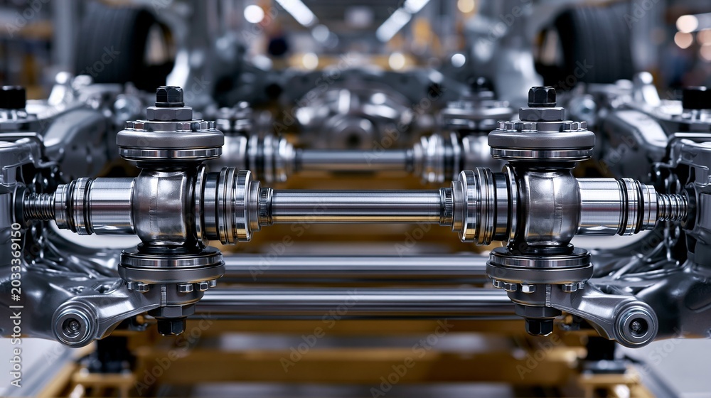 Fototapeta premium Close view of torsion suspension installation showing the precise alignment of axles and torsion bars under a compact vehicle chassis.