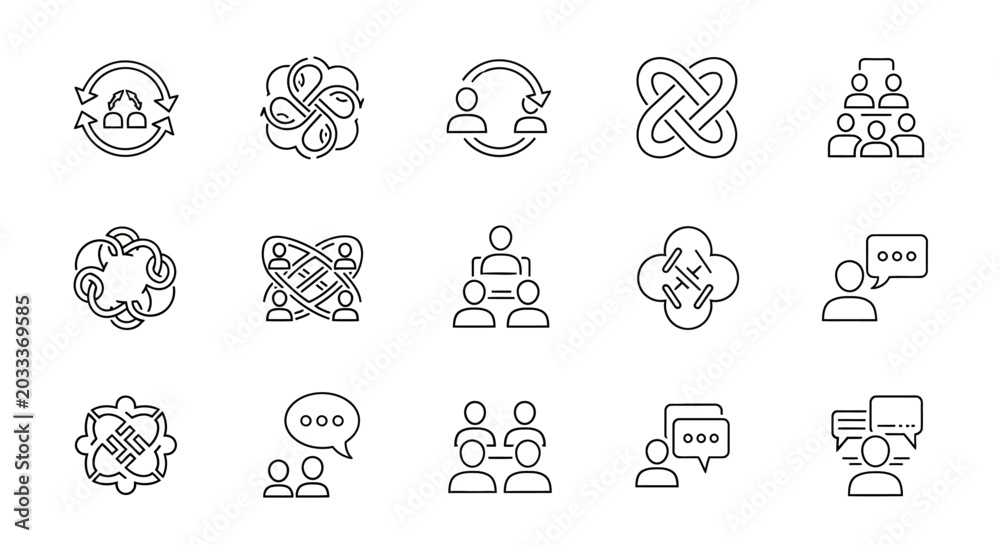 Fototapeta premium Black and white line icons for business communication and teamwork.