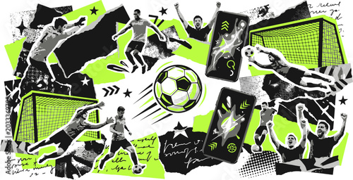 Photography Dynamic soccer collage vector, urban zine style football players and goals, neon