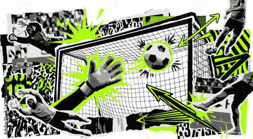 Obraz na płótnie Dynamic soccer collage vector, goalkeeper making save at goal post, neon green a