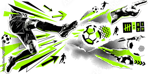 Dynamic soccer player kicking ball vector illustration, abstract football sports poster with neon green accents, energetic athlete motion graphics