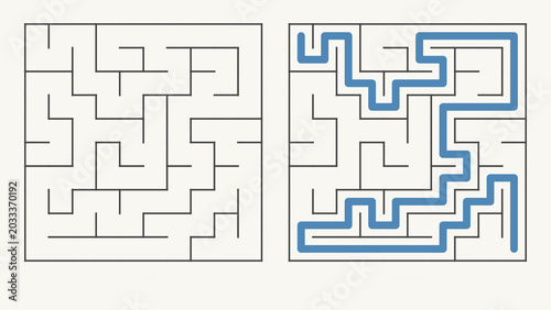 Solved maze game concept with blue line