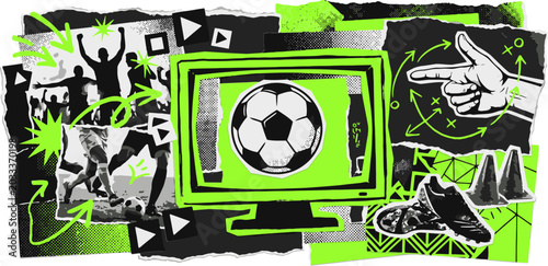 Bild auf Leinwand Grunge soccer collage with neon green accents, urban football sports vector illu