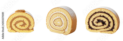 Fotografie Set and collection of sweet delicious sliced swiss roll cake or traditional spon