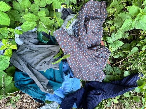 Принти на полотні Old discarded clothes scattered in a forest clearing