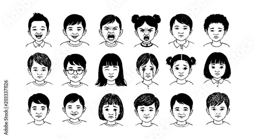 childrens facial expressions illustrating diverse emotions boys and girls showing various feelings from happy to crying for psychology and education.