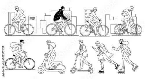 urban transport illustration - people cycling scootering and rollerblading in city