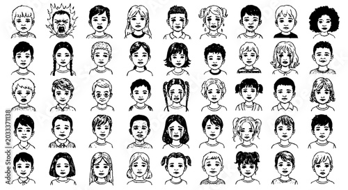 a diverse collection of hand-drawn cartoon child faces displaying various human emotions and feelings perfect for illustrating childhood psychology