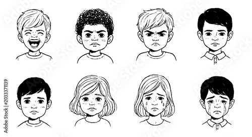 children emotions and facial expressions demonstrating various kids feelings and emotional states depicting diverse cartoon children for learning.