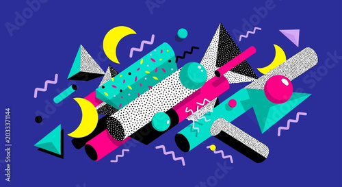 memphis style abstract art background with dynamic 3d geometric shapes and colorful elements perfect for creative retro design concepts