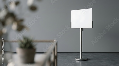 Blank metal floor sign stand with empty rectangular frame for wayfinding information and interior display branding mockups