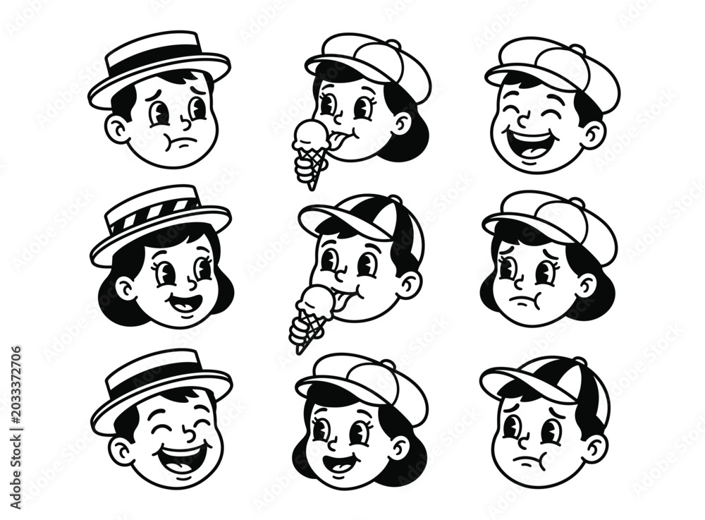 Fototapeta premium Retro cartoon faces set featuring diverse expressions and ice cream treats in vector style
