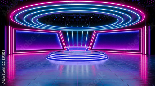 Neon virtual studio stage podium glowing rings dark interior