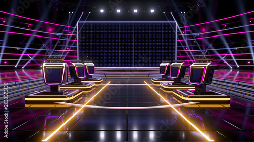 Quiz show stage podiums neon lights tv studio