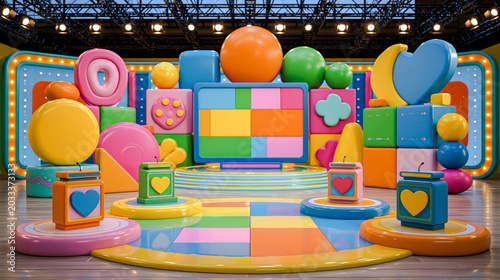 Colorful children game show studio set geometric shapes