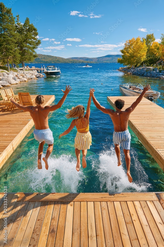 Obraz premium Three friends jumping off a sunny dock into a lake on a summer day