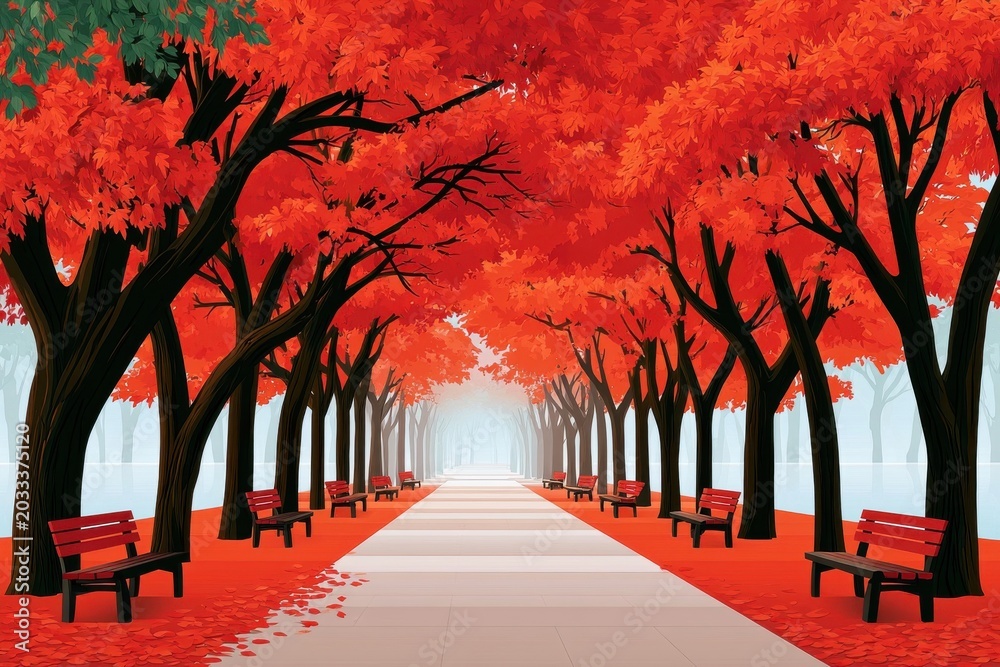 Fototapeta premium Vibrant autumn path lined with red maple trees and park benches beneath a fiery canopy